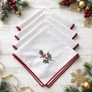Set of 4 White Cotton Christmas Napkins Hand Sewn Holly & Berries 17 x 16 Clean